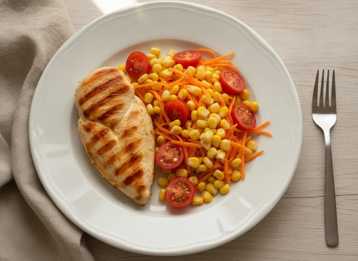 Pechuga de pollo con ensalada de zanahoria, tomate y choclo photo