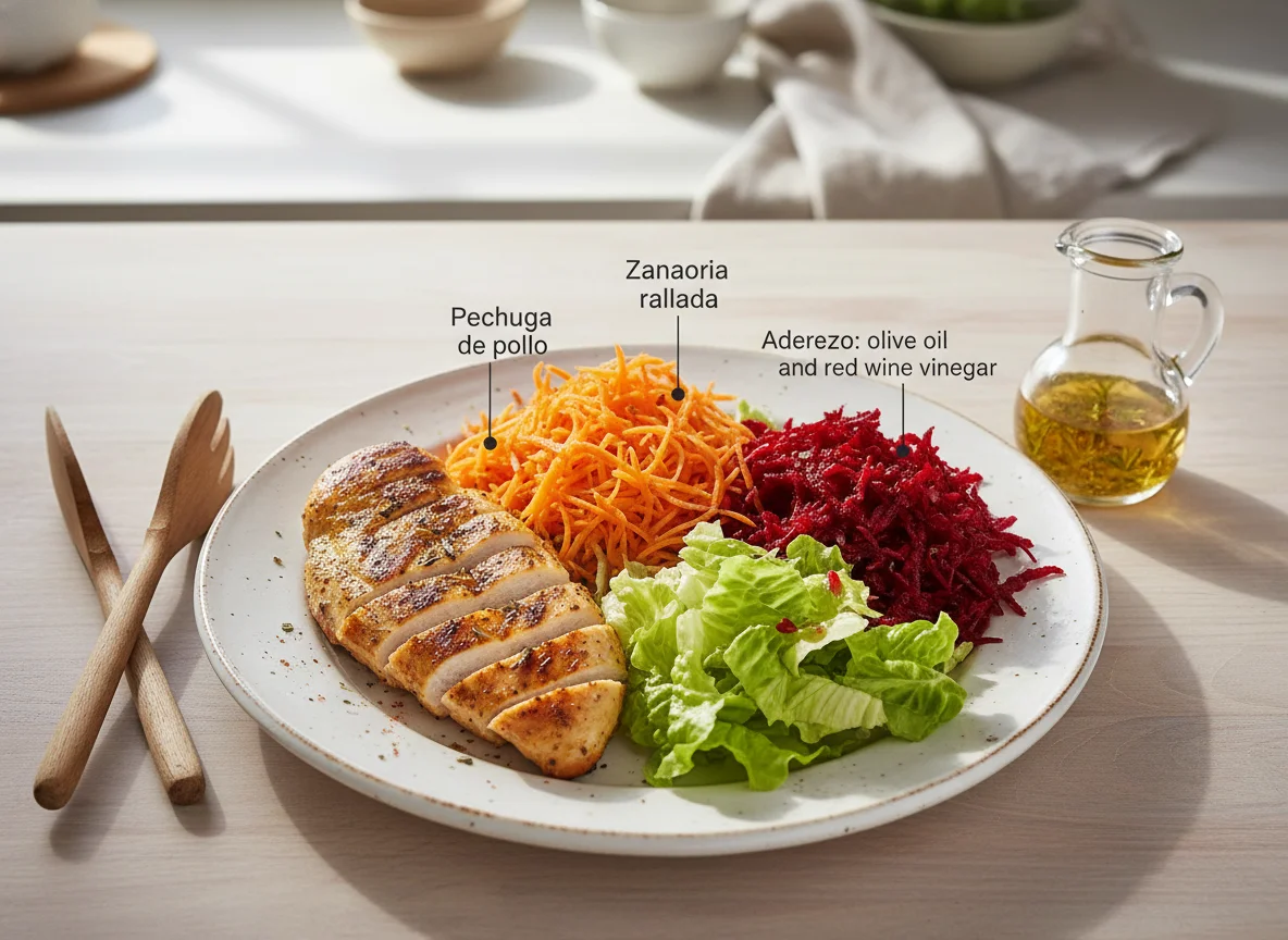 Pechuga de pollo con ensalada de zanahoria y remolacha photo