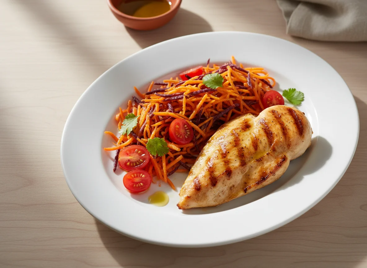 Pechuga de pollo con ensalada de zanahoria y tomate photo