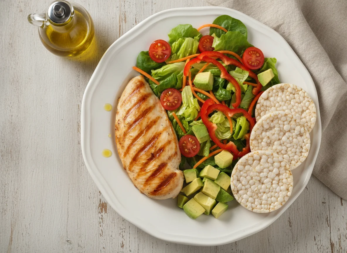 Pechuga de pollo con ensalada mixta, palta y galletas de arroz photo