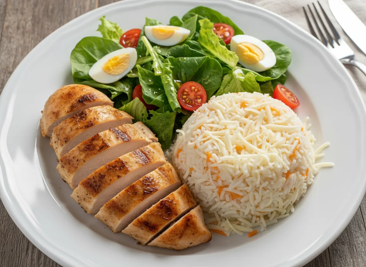Pechuga de pollo con ensalada mixta y arroz con queso photo