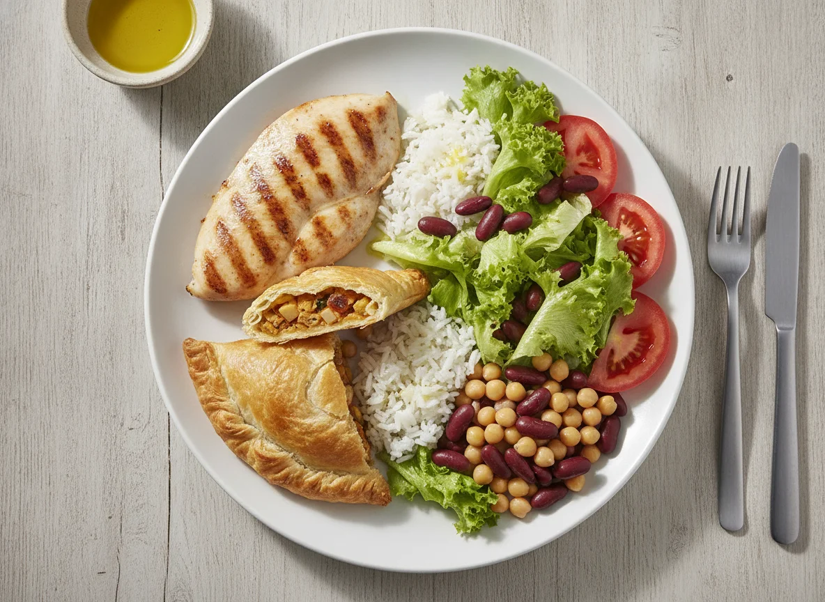 Pechuga de pollo con ensalada mixta y empanada gallega photo
