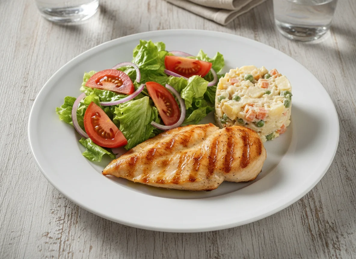 Pechuga de pollo con ensalada mixta y ensalada rusa photo