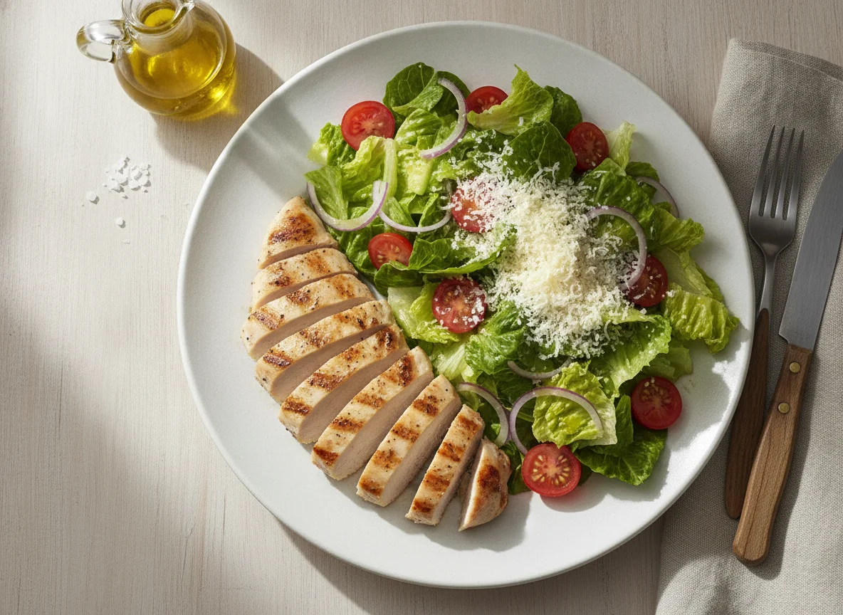 Pechuga de pollo con ensalada mixta y queso rallado photo