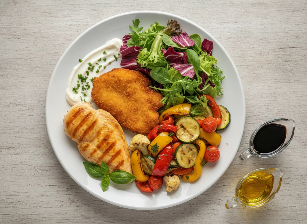 Pechuga de pollo con ensalada mixta y vegetales photo