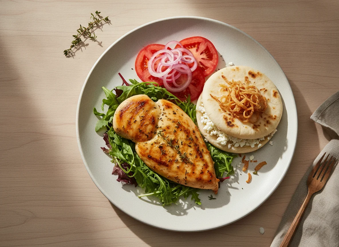 Pechuga de pollo con ensalada y arepa photo