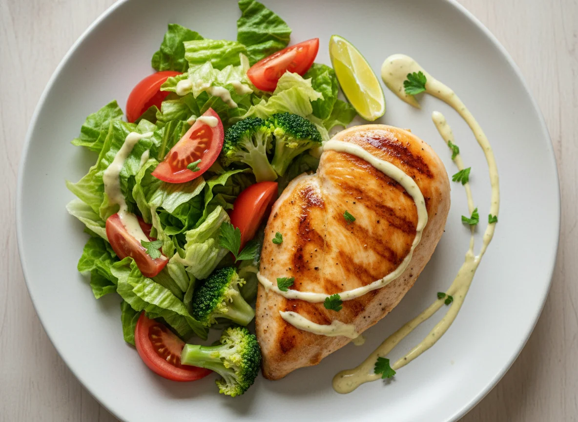 Pechuga de pollo con ensalada y brócoli photo