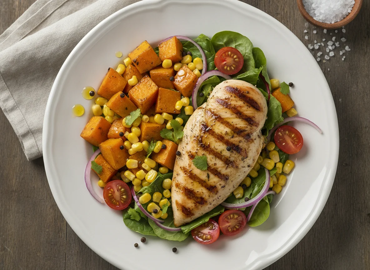 Pechuga de pollo con ensalada y calabaza photo