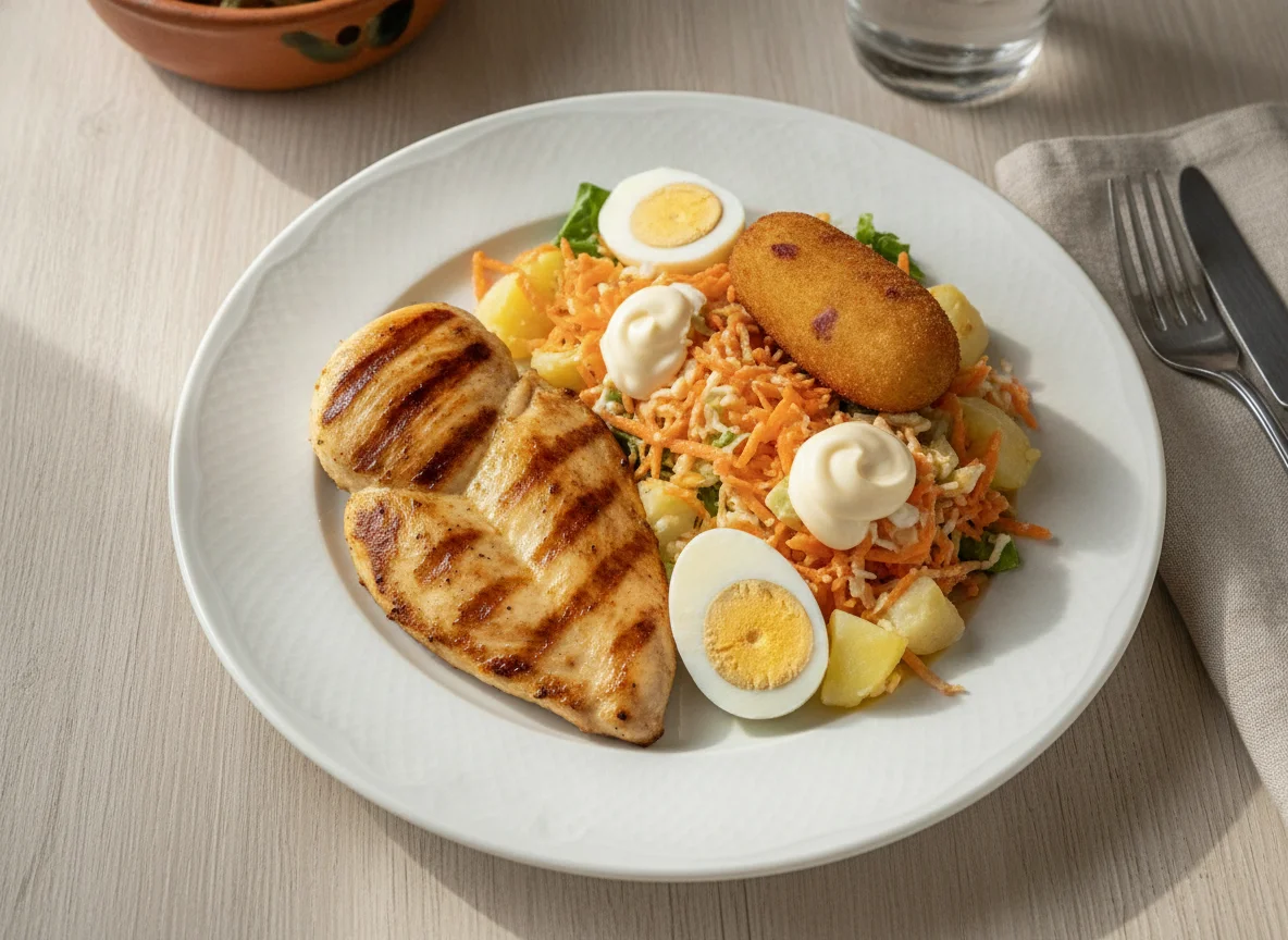 Pechuga de pollo con ensalada y croqueta photo