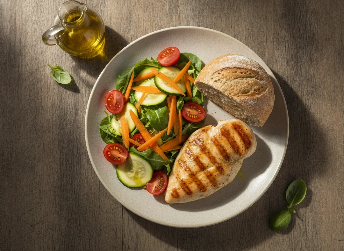 Pechuga de pollo con ensalada y pan integral photo