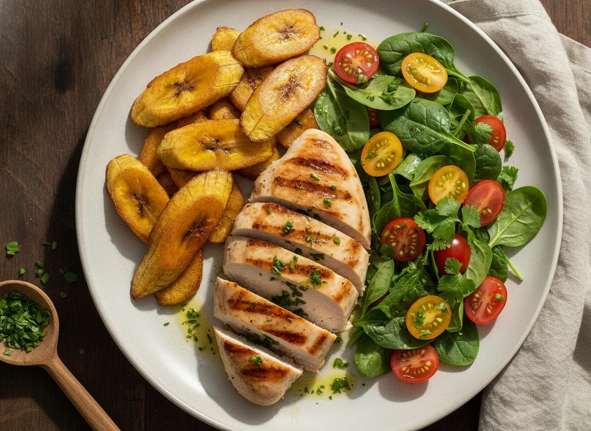 Pechuga de pollo con ensalada y plátano maduro photo