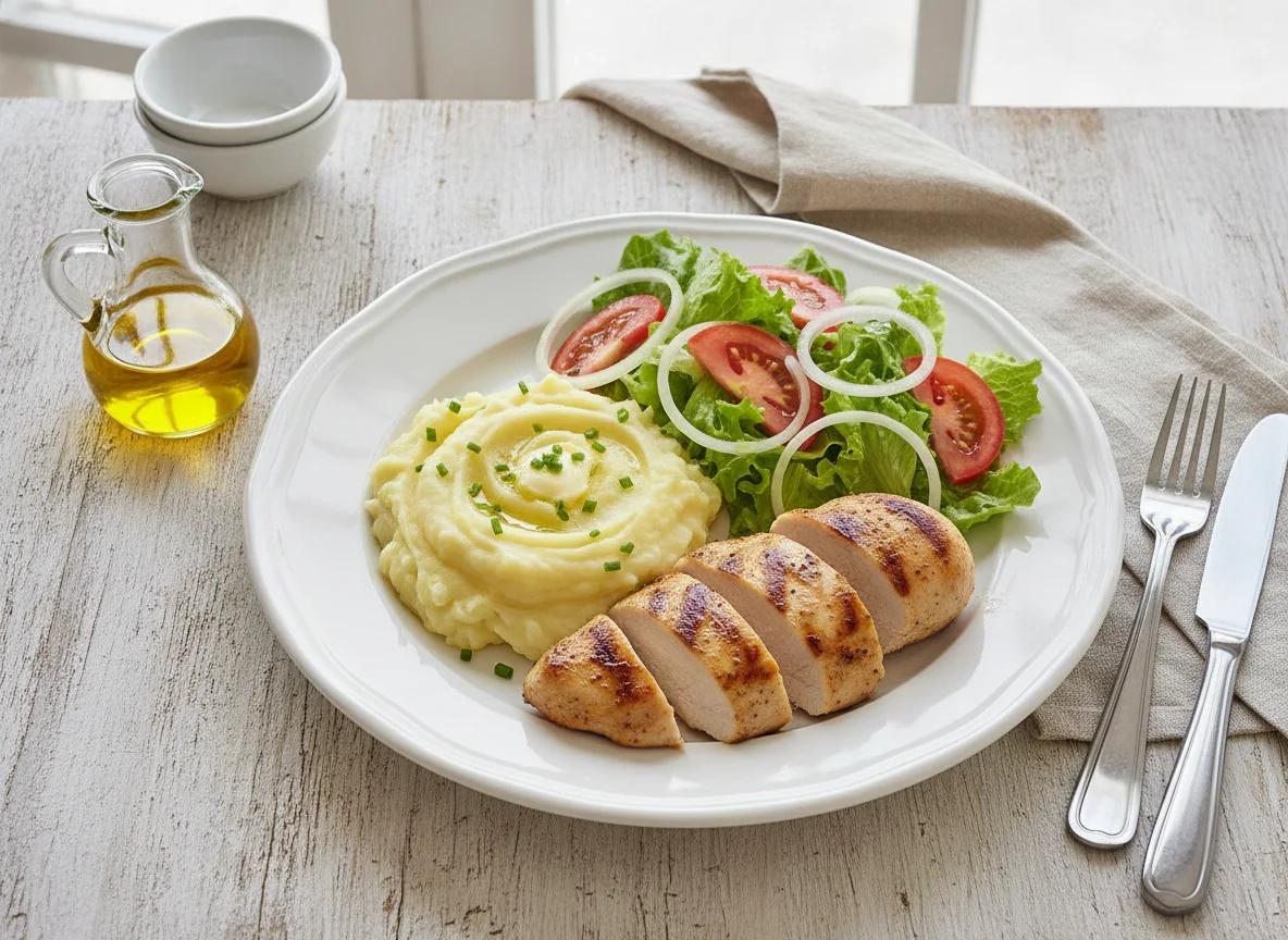 Pechuga de pollo con ensalada y puré de papas photo