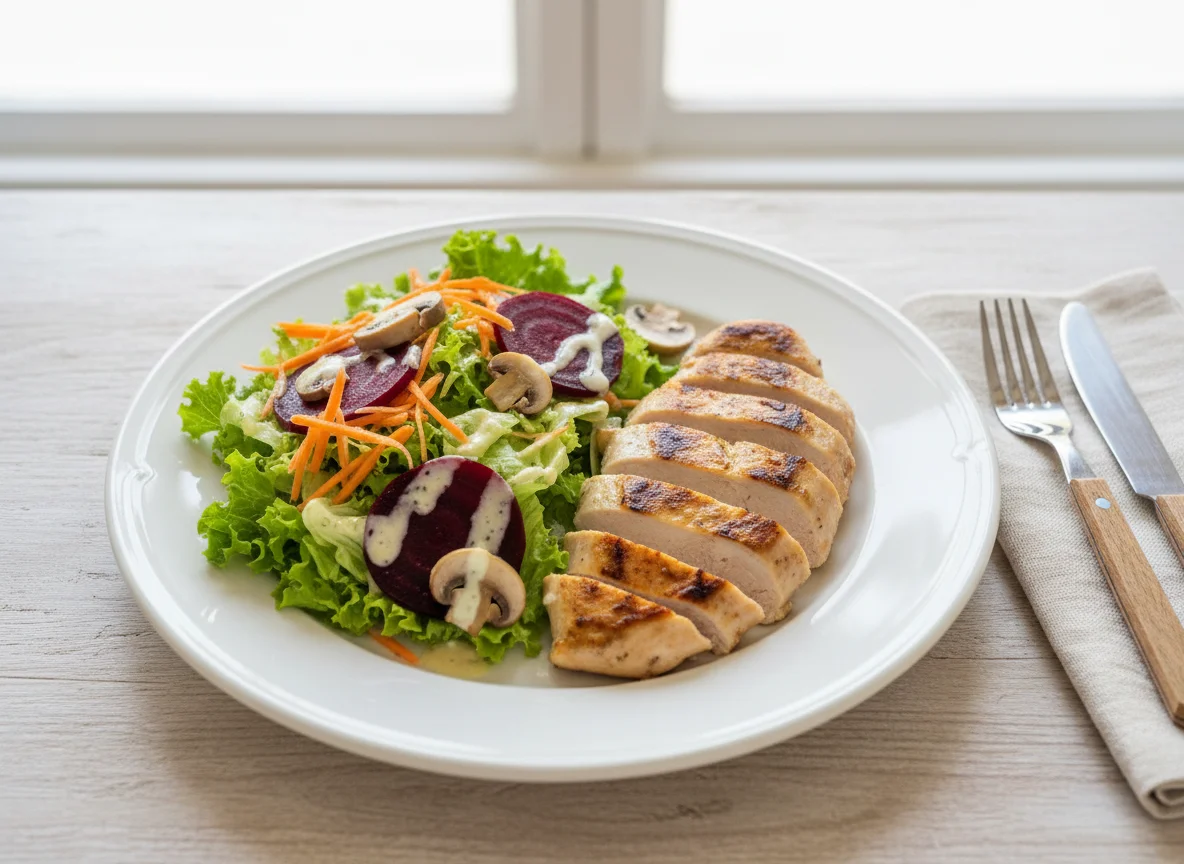 Pechuga de pollo con ensalada y remolacha photo