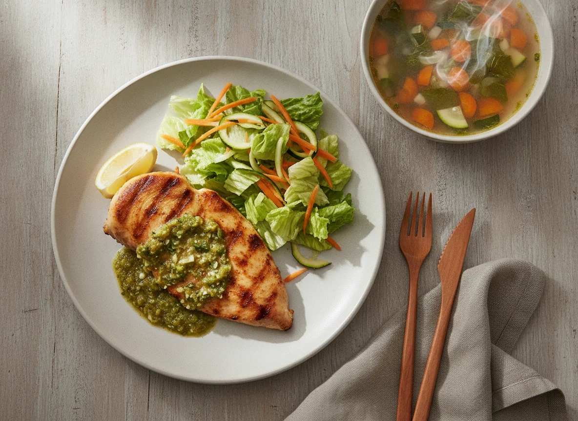 Pechuga de pollo con ensalada y sopa de verduras photo