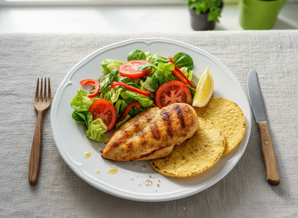 Pechuga de pollo con ensalada y tostadas photo