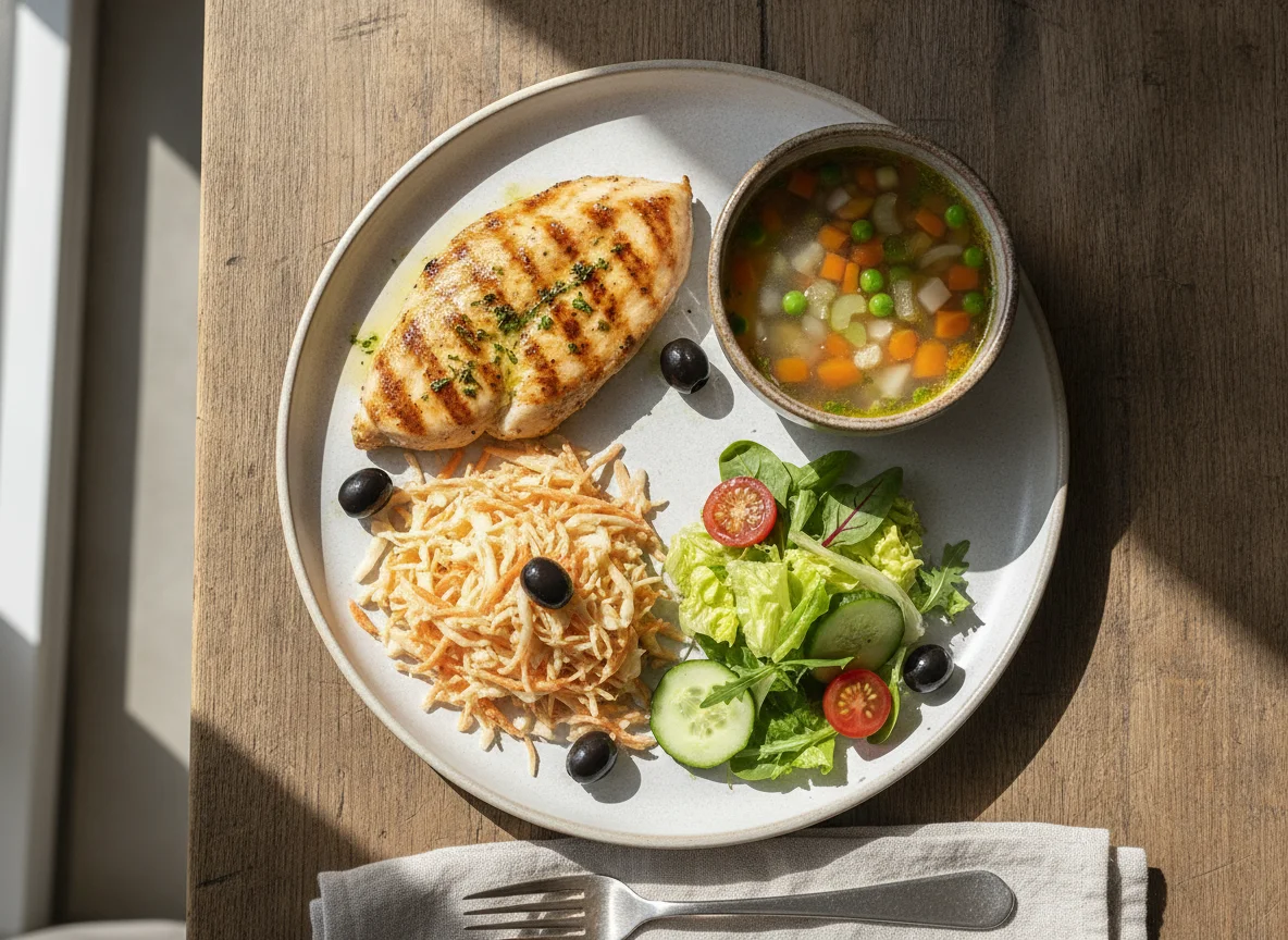 Pechuga de pollo con ensaladas y sopa photo