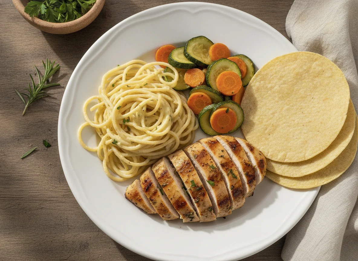 Pechuga de pollo con espagueti, verduras y tortillas photo
