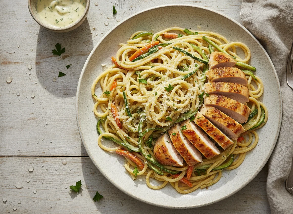 Pechuga de pollo con espagueti y verduras photo