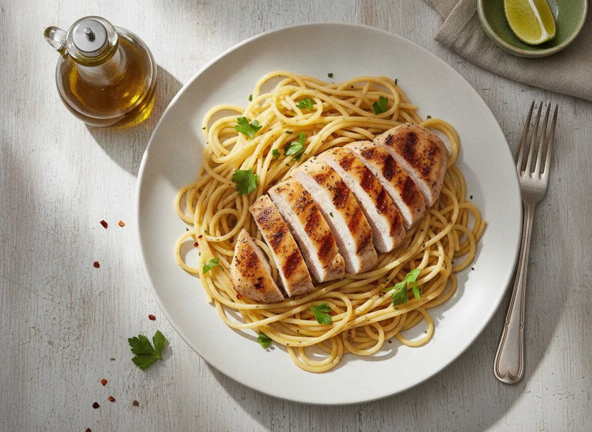 Pechuga de pollo con fideos photo