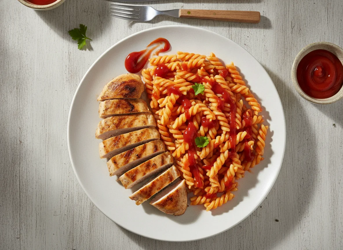 Pechuga de pollo con fideos y ketchup photo