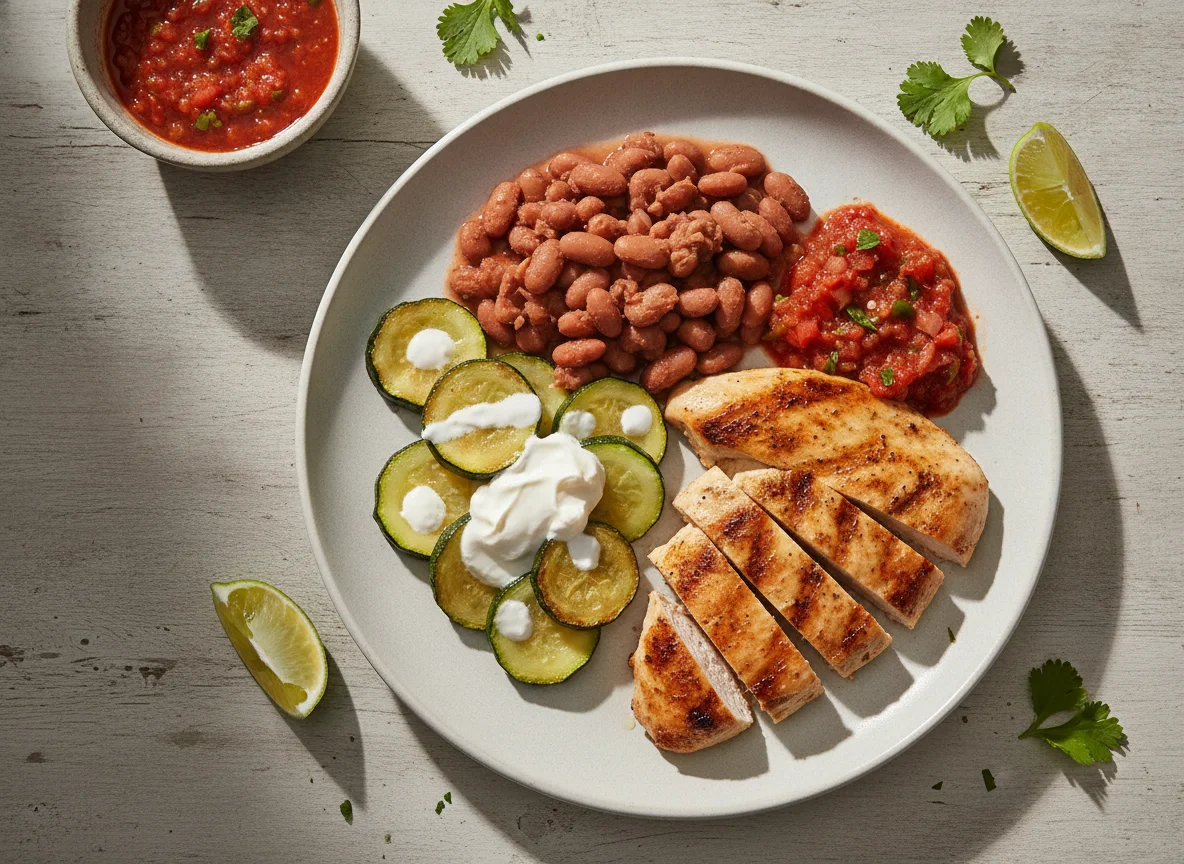 Pechuga de pollo con frijoles bayos, calabacitas con crema y salsa roja photo