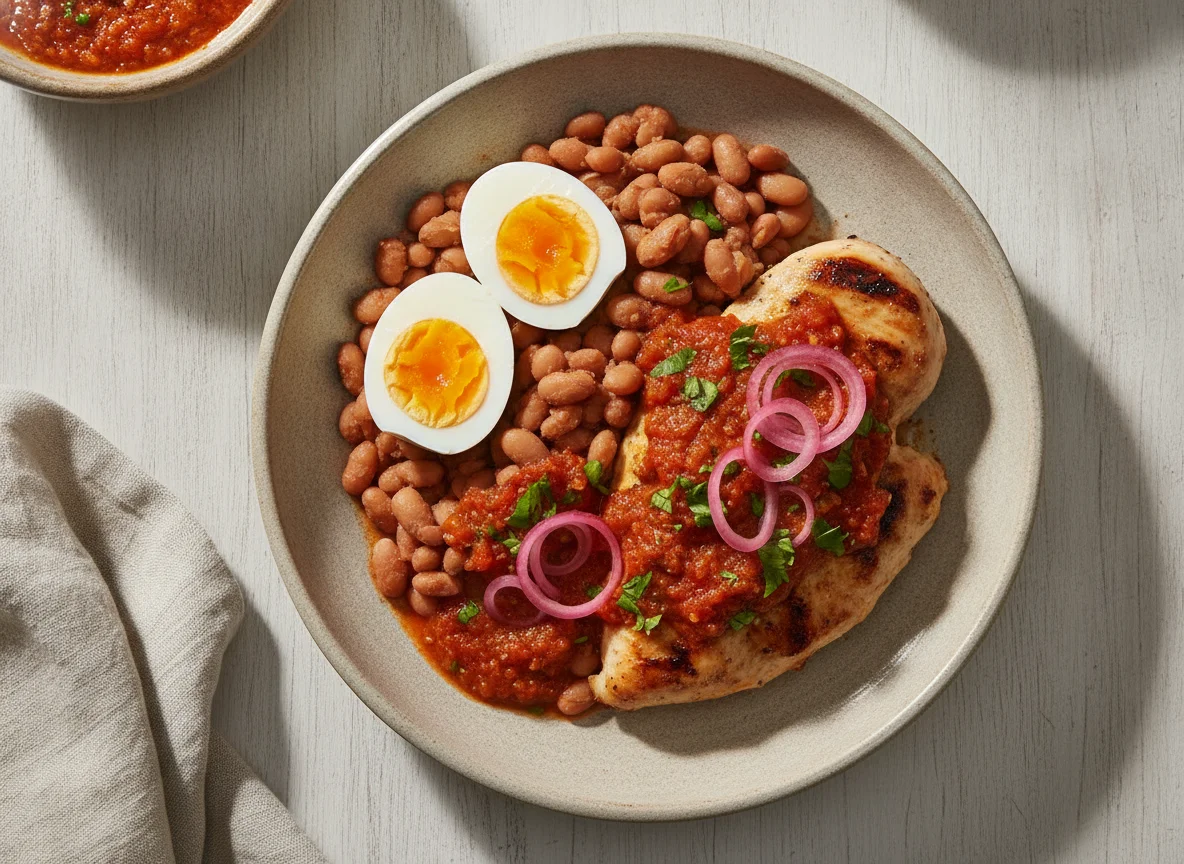 Pechuga de pollo con frijoles bayos, huevos cocidos y salsa roja photo