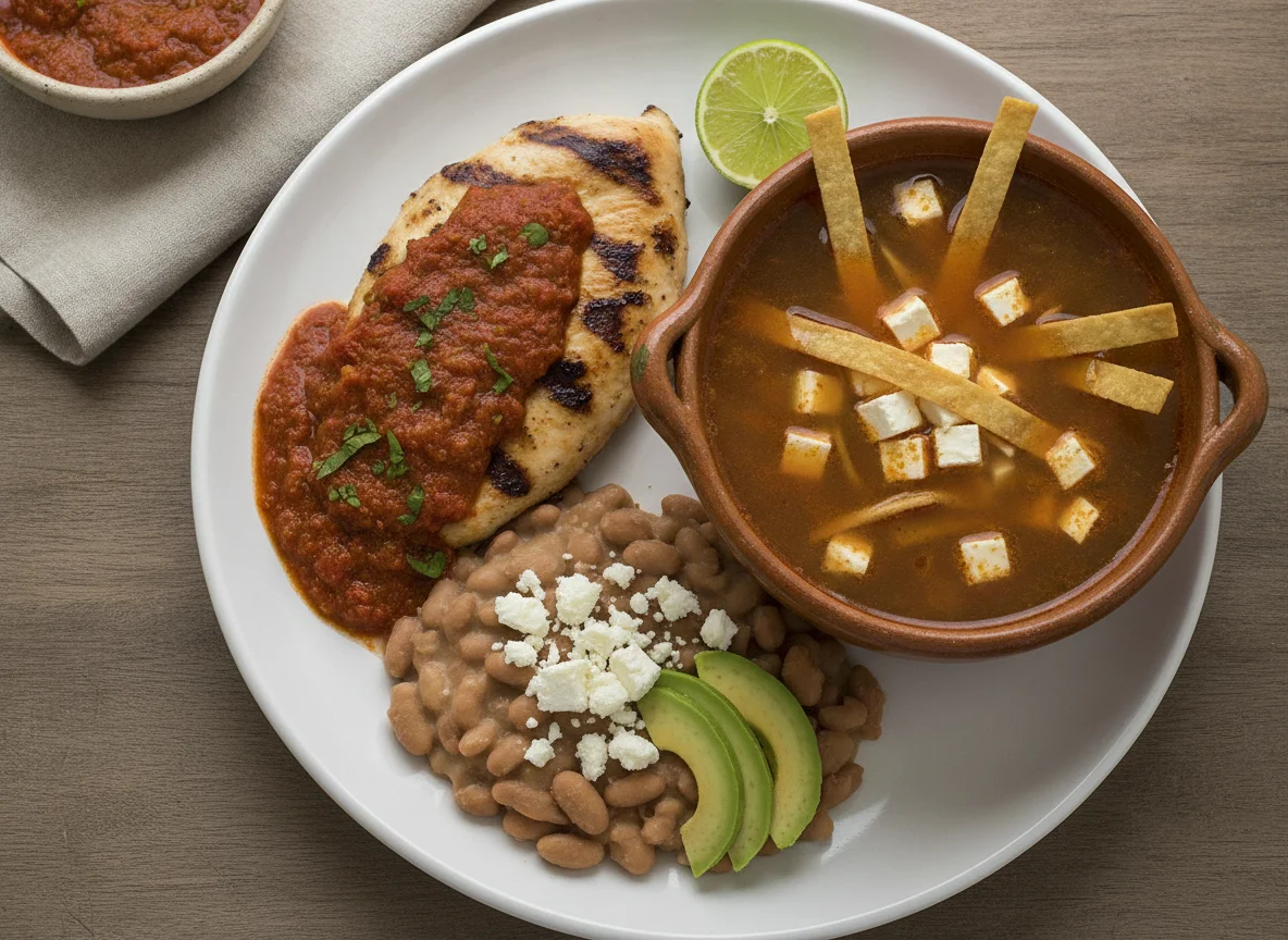 Pechuga de pollo con frijoles bayos, salsa roja y sopa de tortilla photo