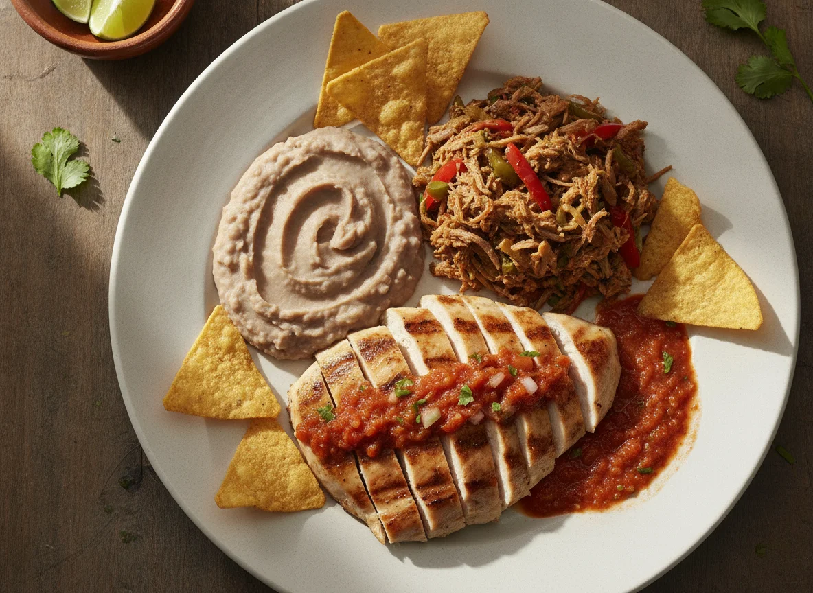 Pechuga de pollo con frijoles bayos, tinga y salsa roja photo