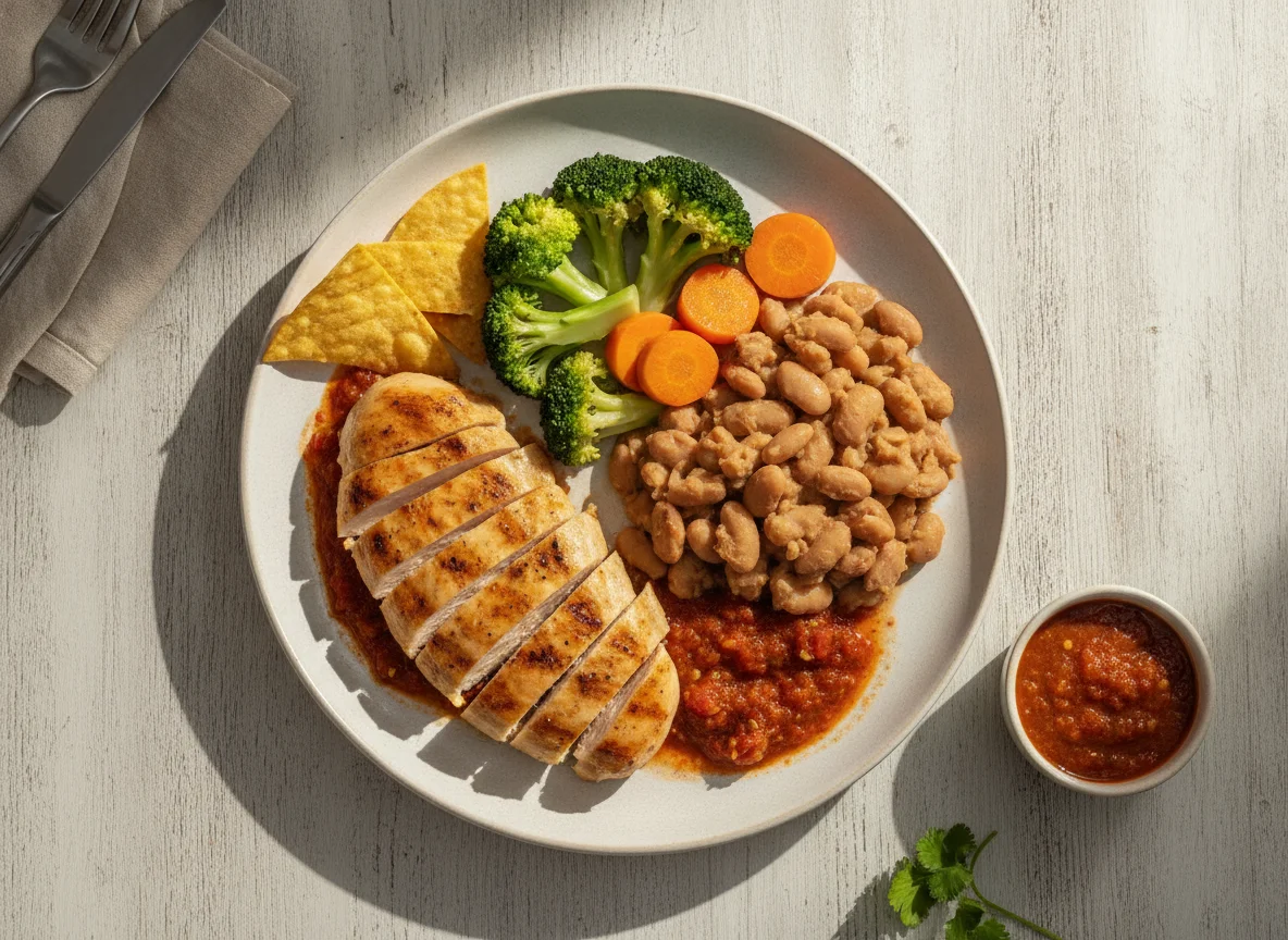 Pechuga de pollo con frijoles bayos, verduras y salsa roja photo