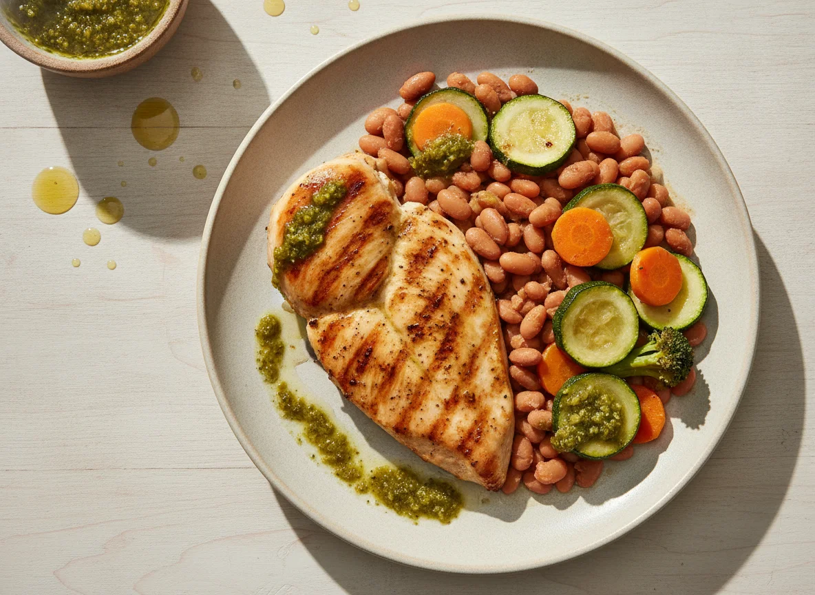 Pechuga de pollo con frijoles bayos y verduras al vapor photo