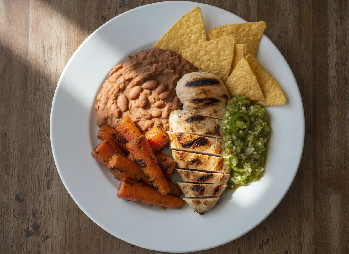 Pechuga de pollo con frijoles bayos, zanahorias y salsa verde photo