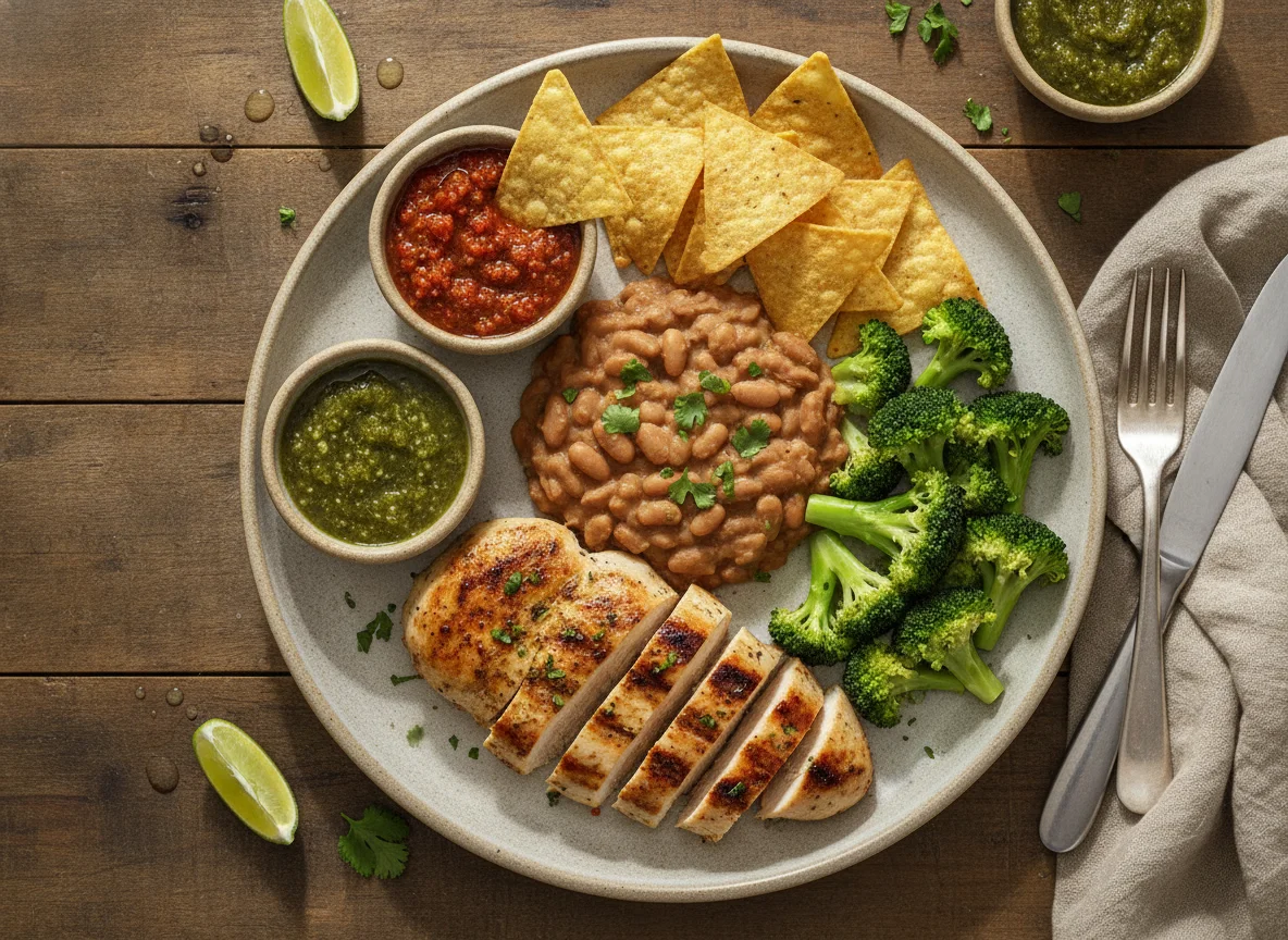 Pechuga de pollo con frijoles, brócoli y totopos photo