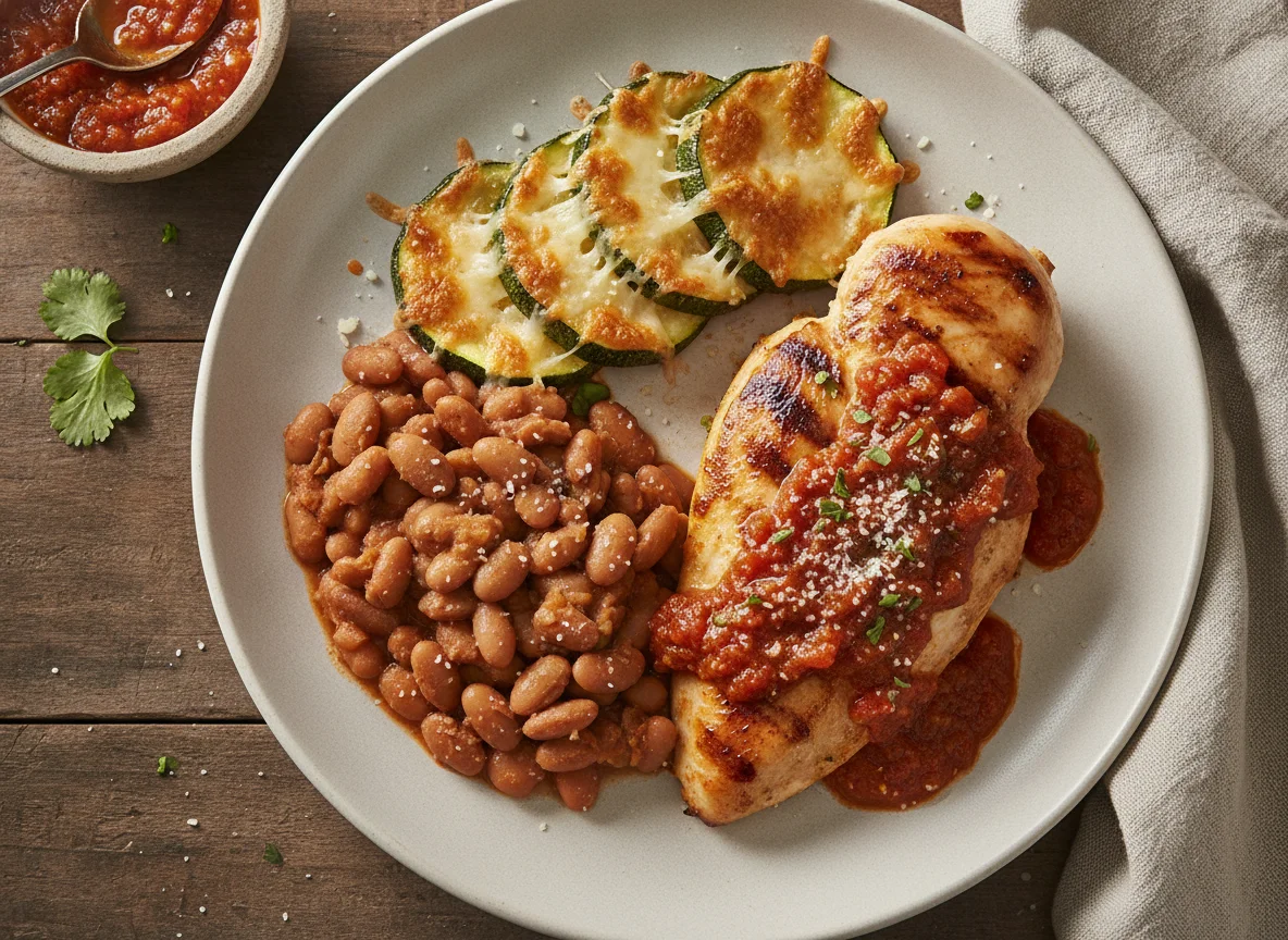 Pechuga de pollo con frijoles, calabacita gratinada y salsa roja photo