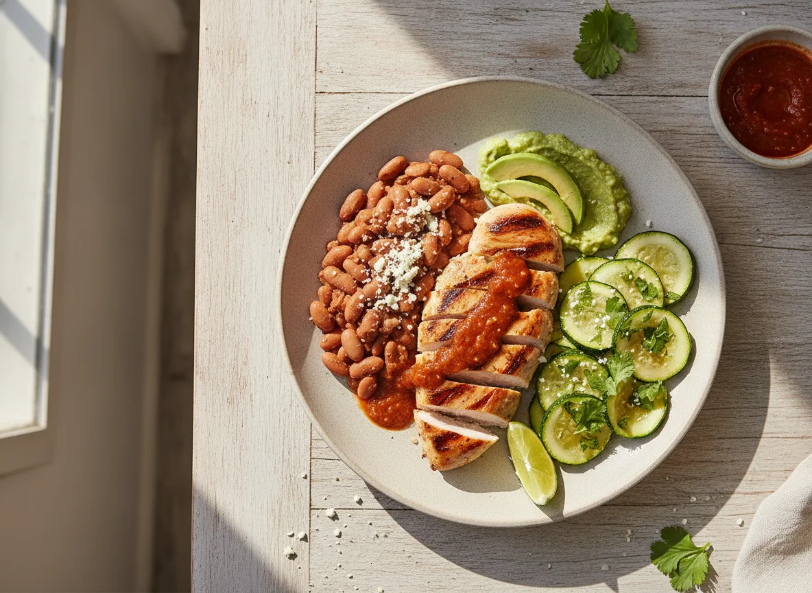 Pechuga de pollo con frijoles, calabacita y salsa photo