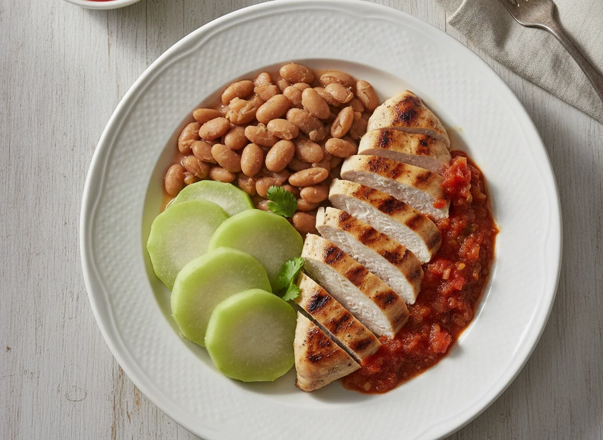 Pechuga de pollo con frijoles, chayote y salsa roja photo