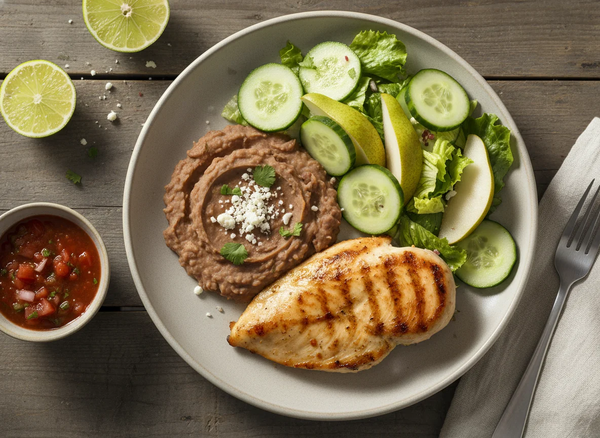 Pechuga de pollo con frijoles y ensalada photo