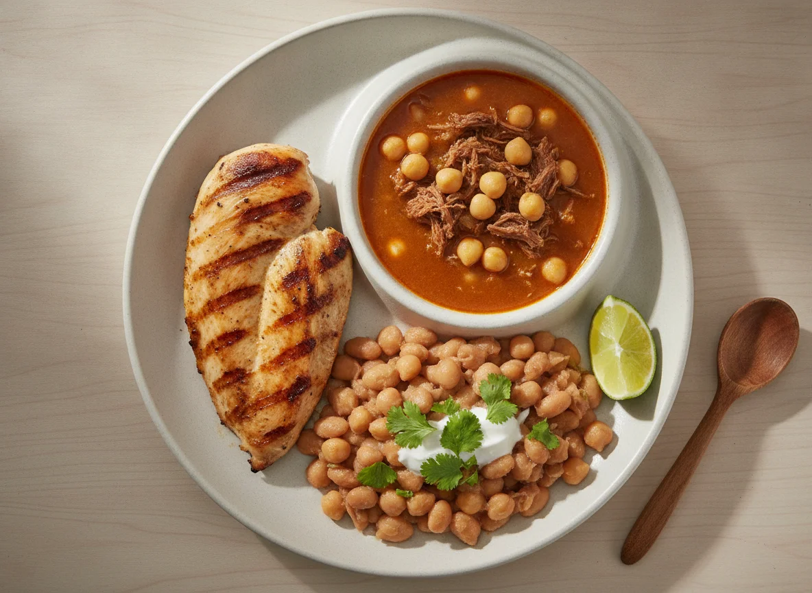 Pechuga de pollo con frijoles y sopa de garbanzos photo