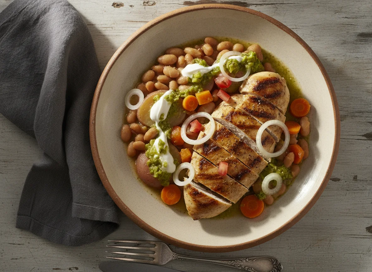 Pechuga de pollo con frijoles y verduras photo