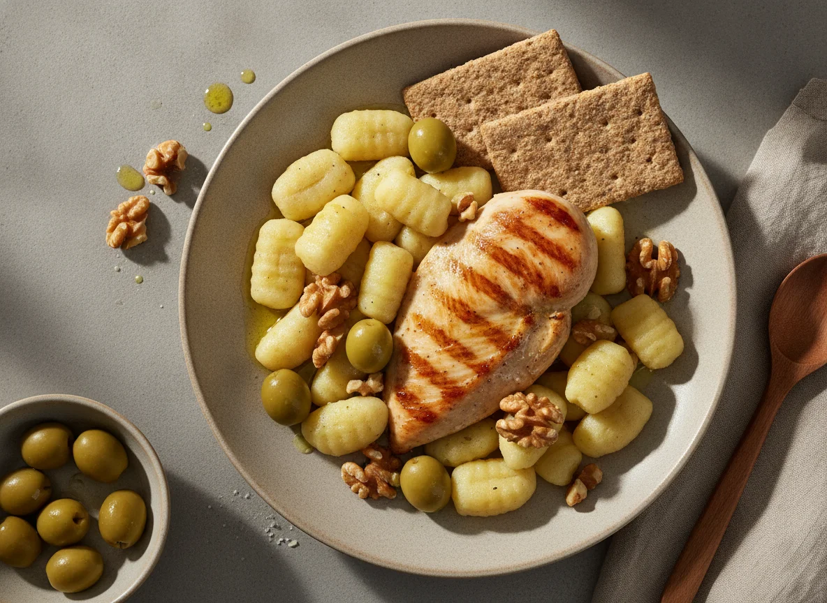 Pechuga de pollo con gnocchi, aceitunas, nueces y galletas integrales photo