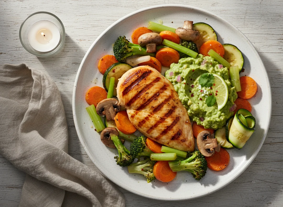 Pechuga de pollo con guacamole y vegetales salteados photo