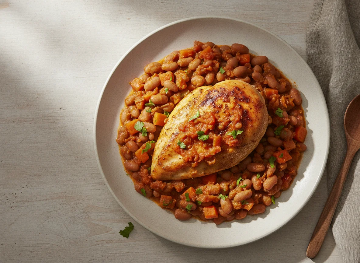 Pechuga de pollo con guiso de habichuelas y zanahoria photo