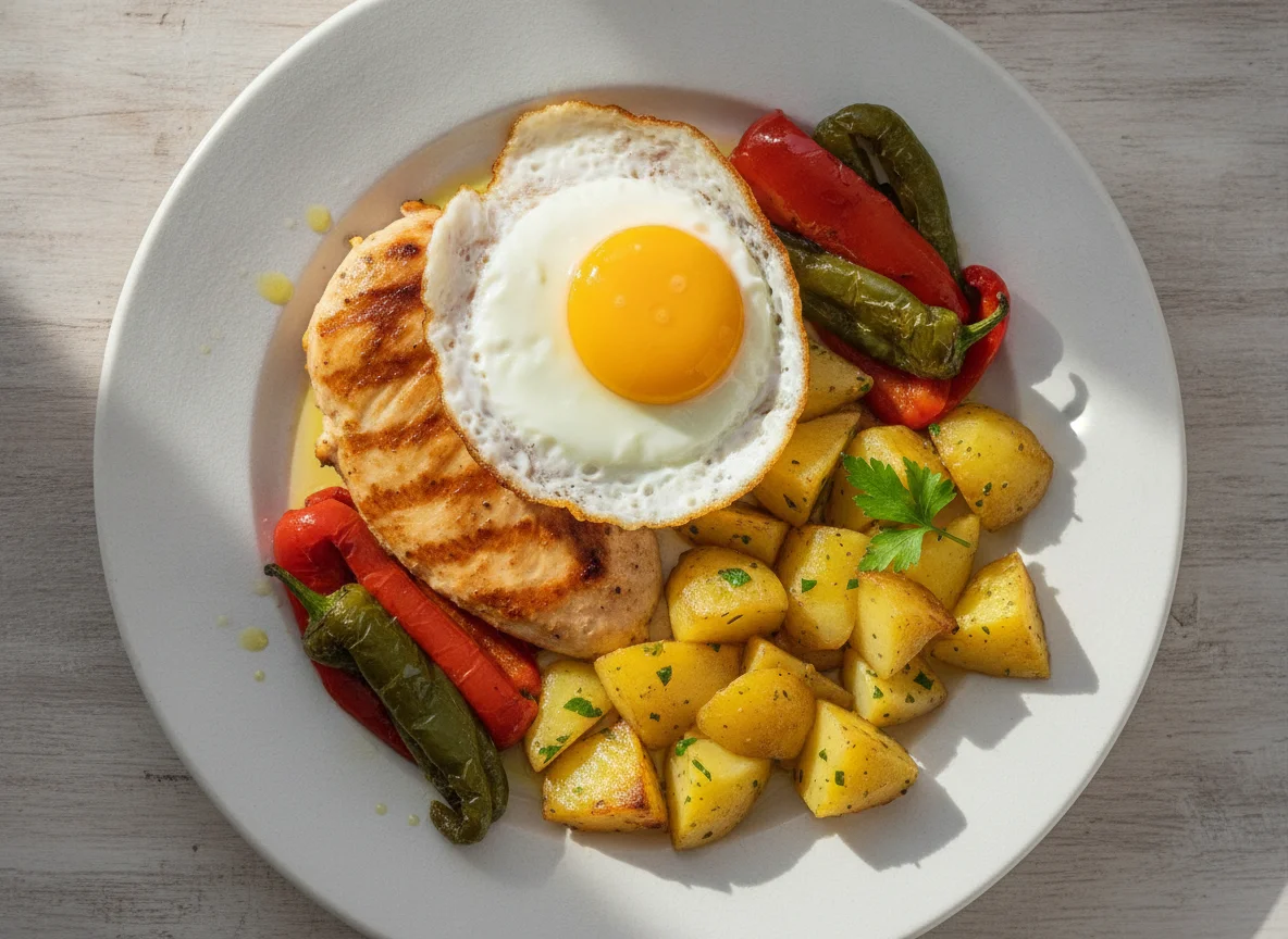 Pechuga de pollo con huevo a la plancha, patatas salteadas y pimientos photo