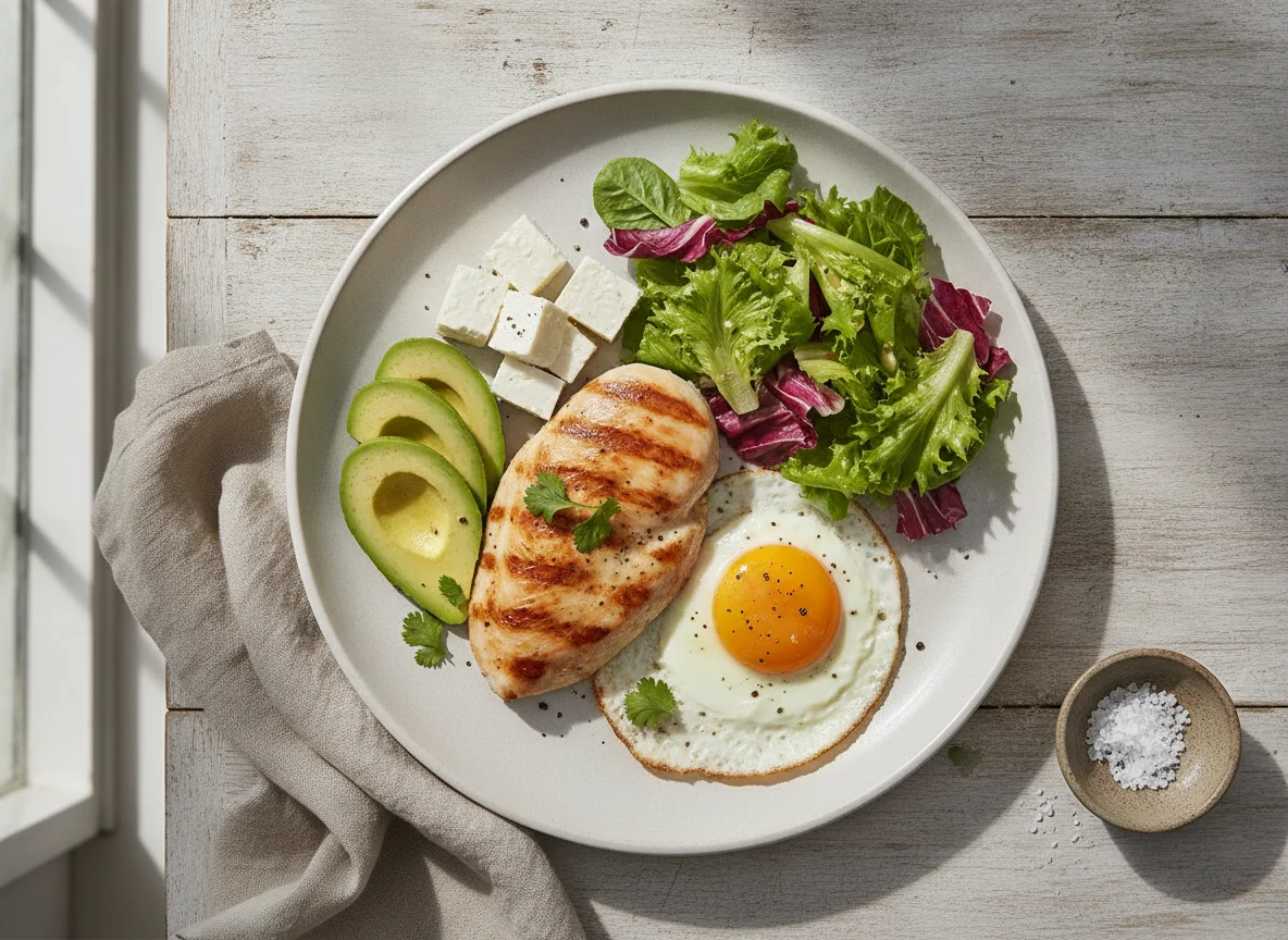 Pechuga de pollo con huevo, aguacate y queso panela photo