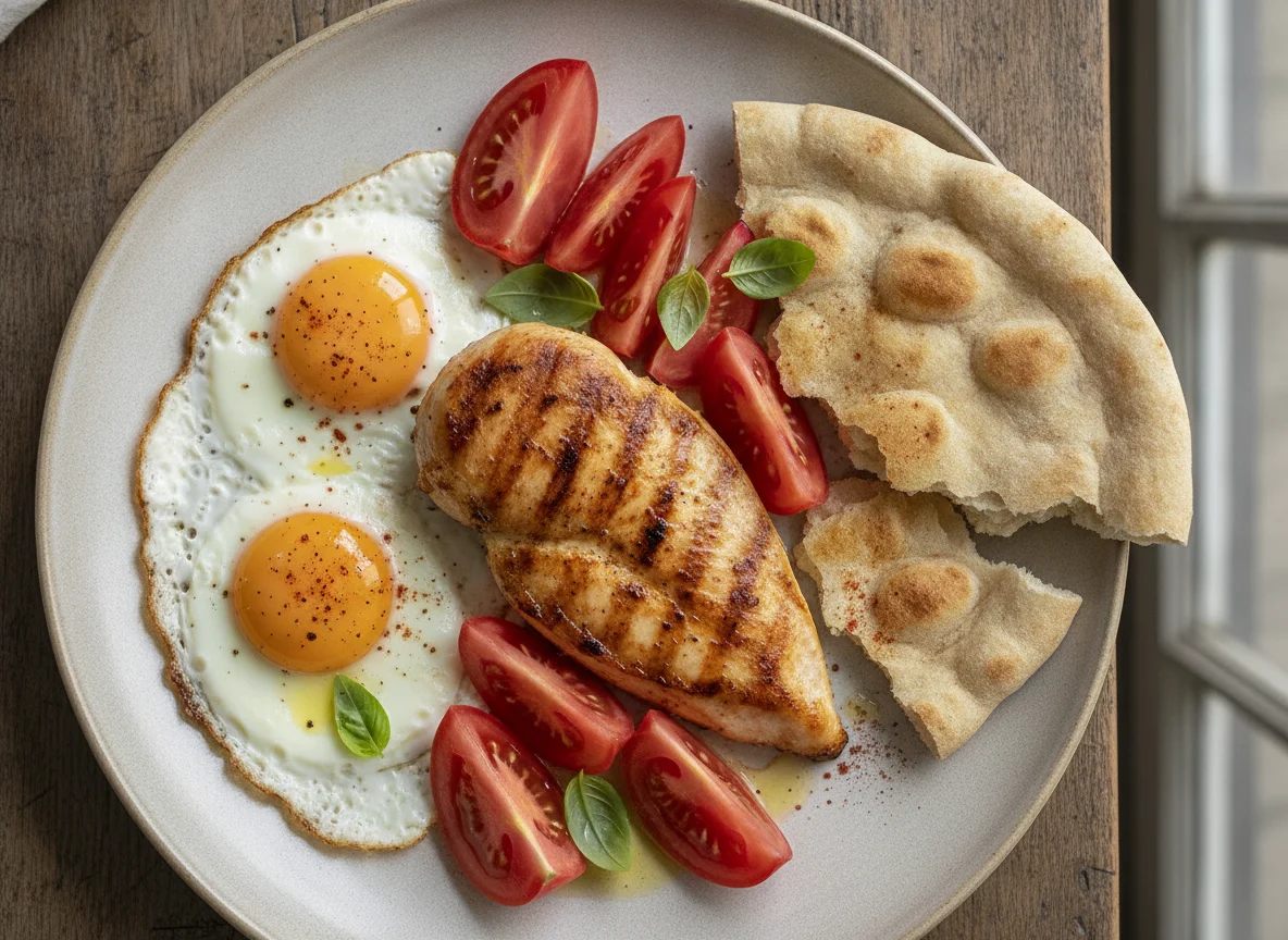 Pechuga de pollo con huevos, tomate y pan lavash photo