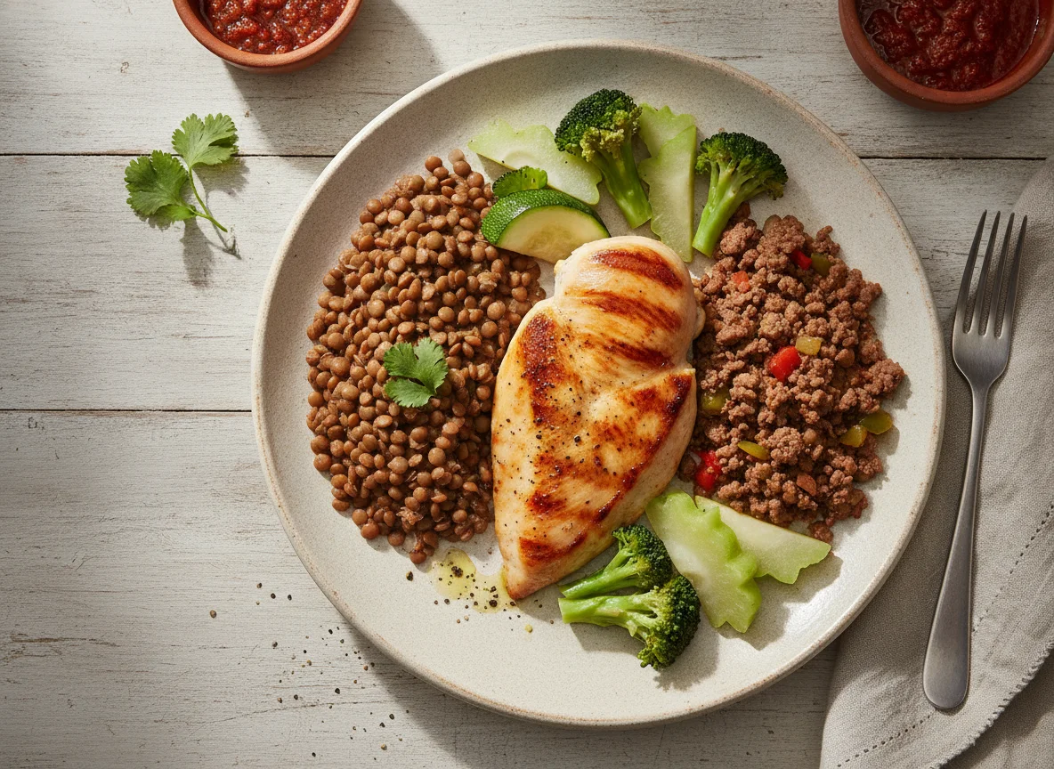 Pechuga de pollo con lentejas, carne molida y vegetales al vapor photo