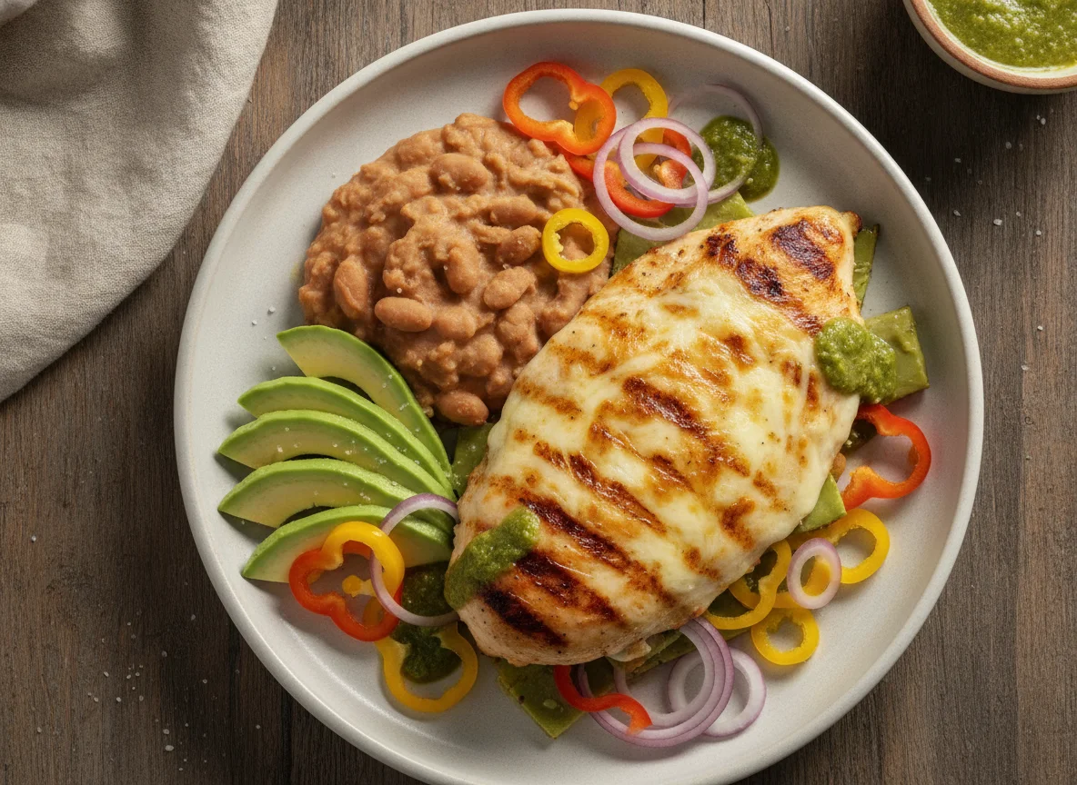 Pechuga de pollo con nopal gratinado, frijoles y aguacate photo