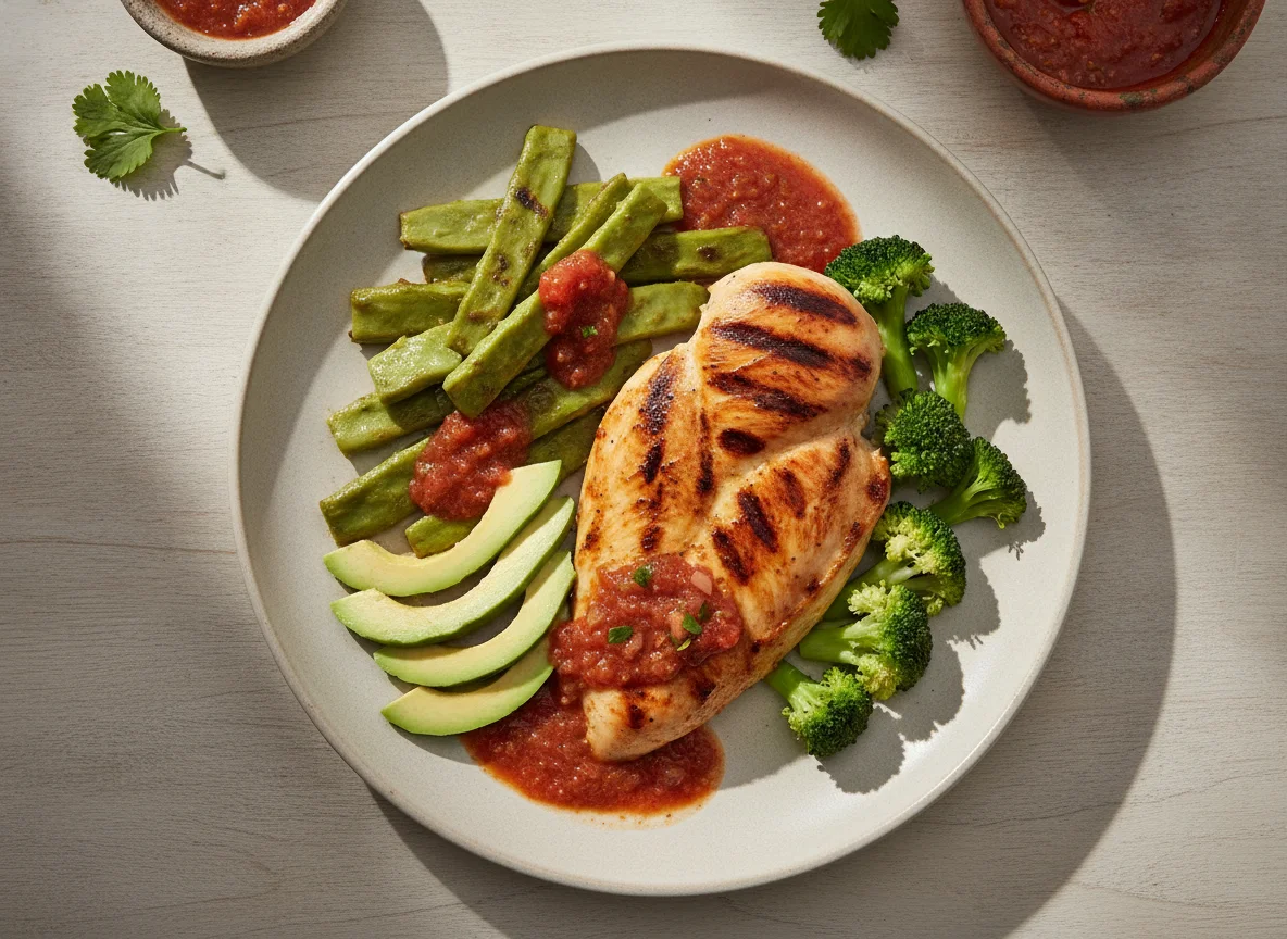 Pechuga de pollo con nopales, aguacate y salsa roja photo