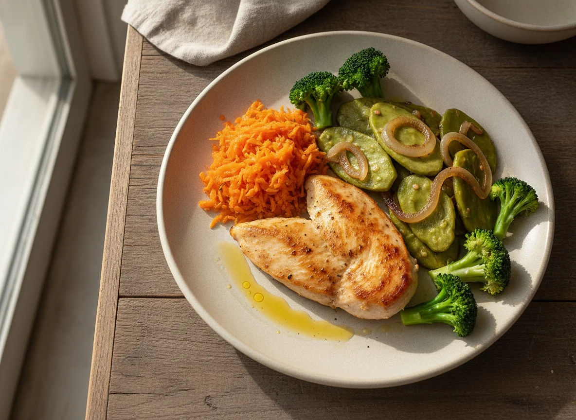 Pechuga de pollo con nopales, cebolla, zanahoria y brócoli photo