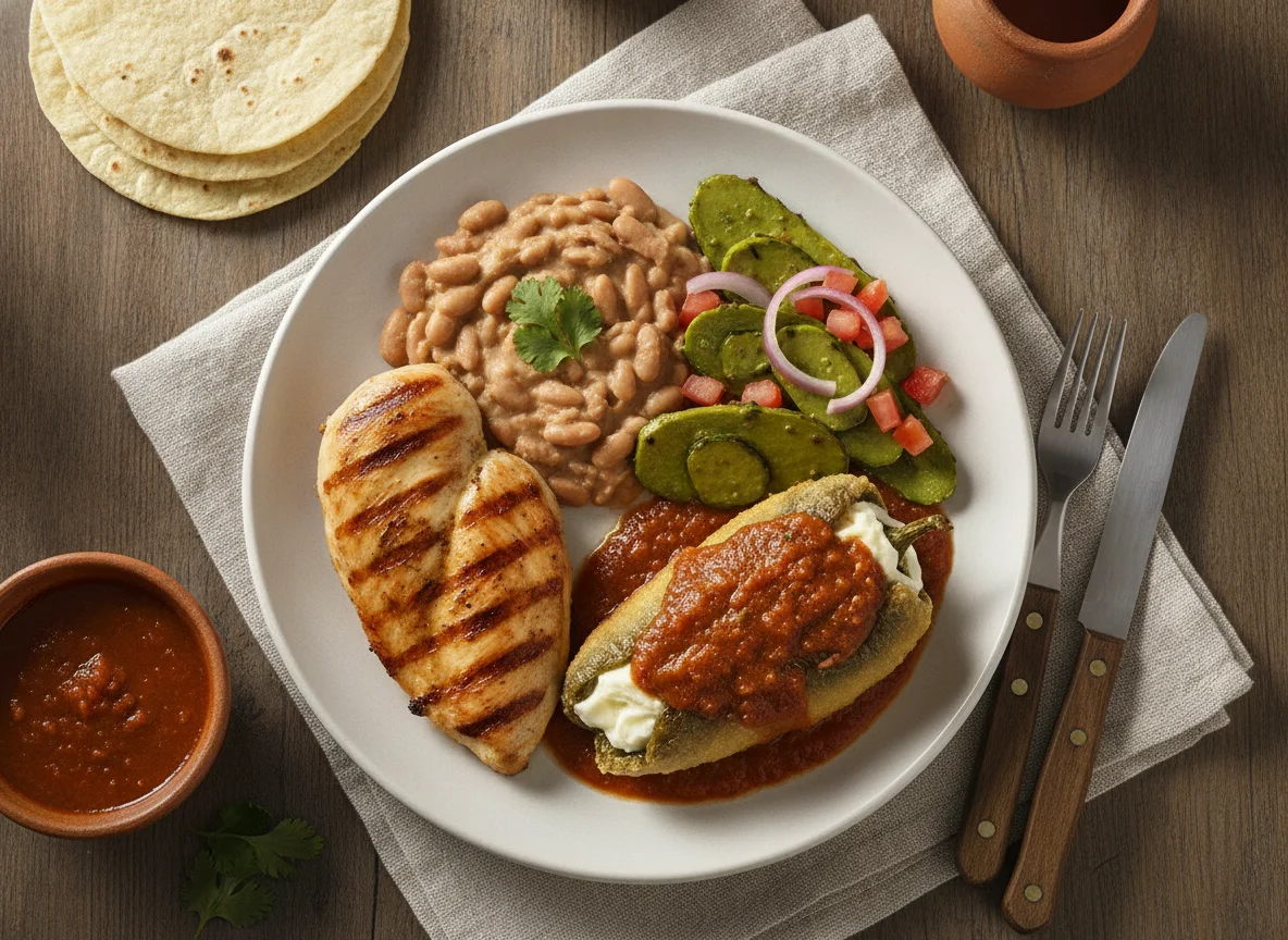 Pechuga de pollo con nopales, frijoles y chile relleno photo