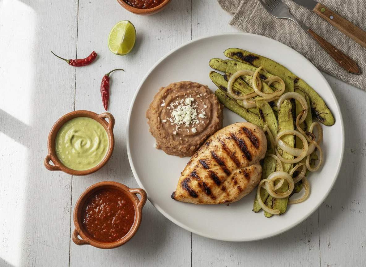 Pechuga de pollo con nopales, frijoles y salsas photo